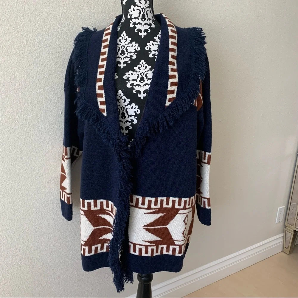 COCOGIO Tribal Cardigan Sweater Small Long Open Front Fringe Italy NWT *New*.